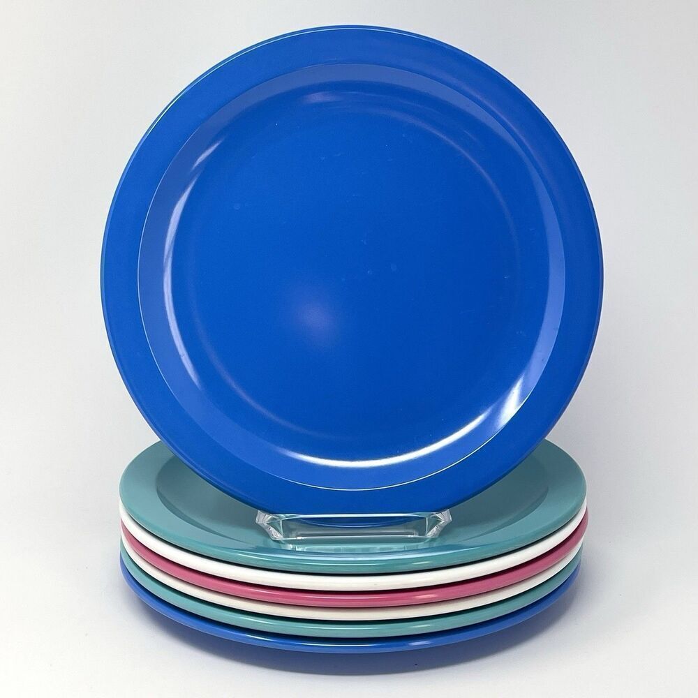 TEXAS WARE #139 MELAMINE Dinner Picnic Plate 10” Set Of 7 Pink Blue White Teal